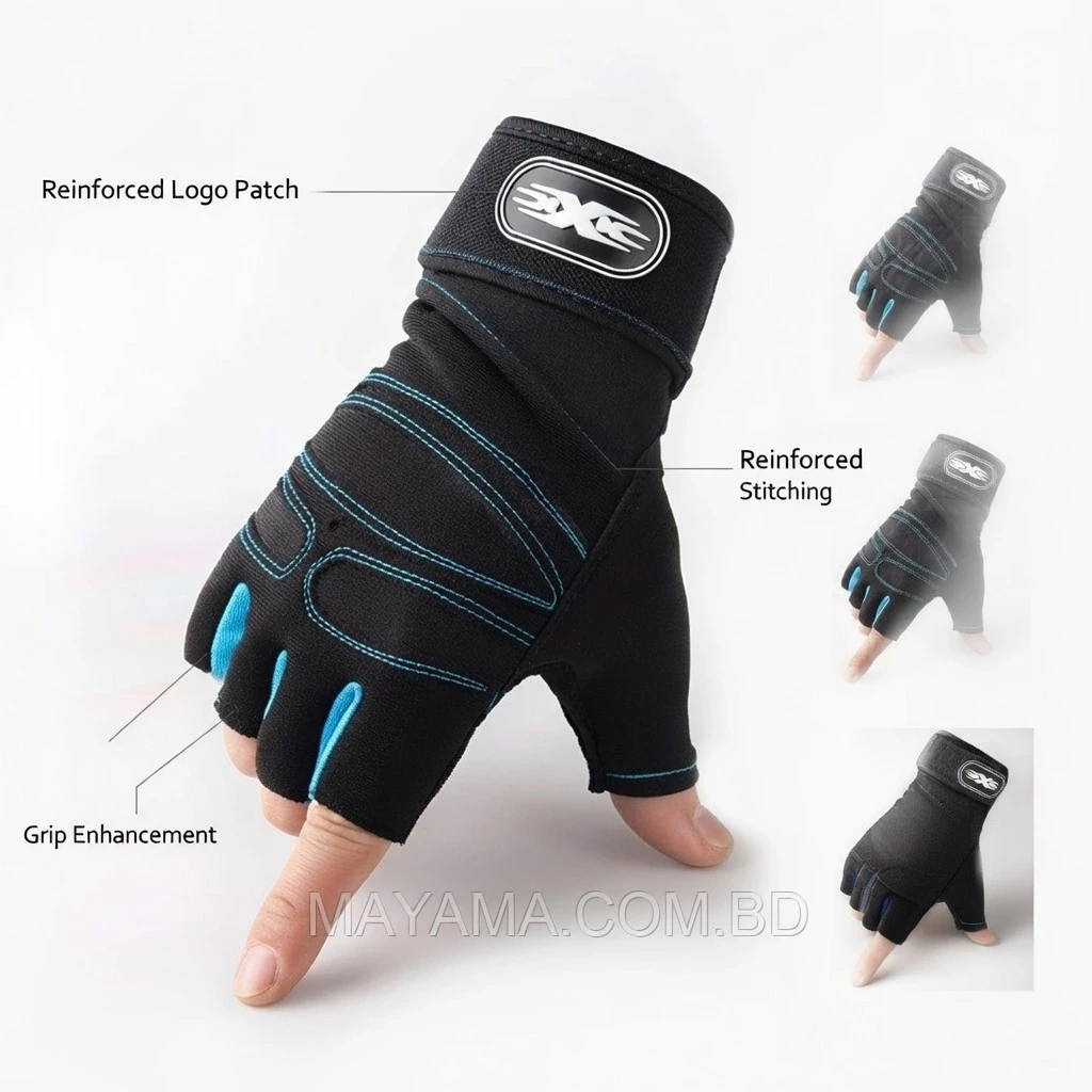 Black Gym Gloves with Blue Accents Wrist Support | Mayama
